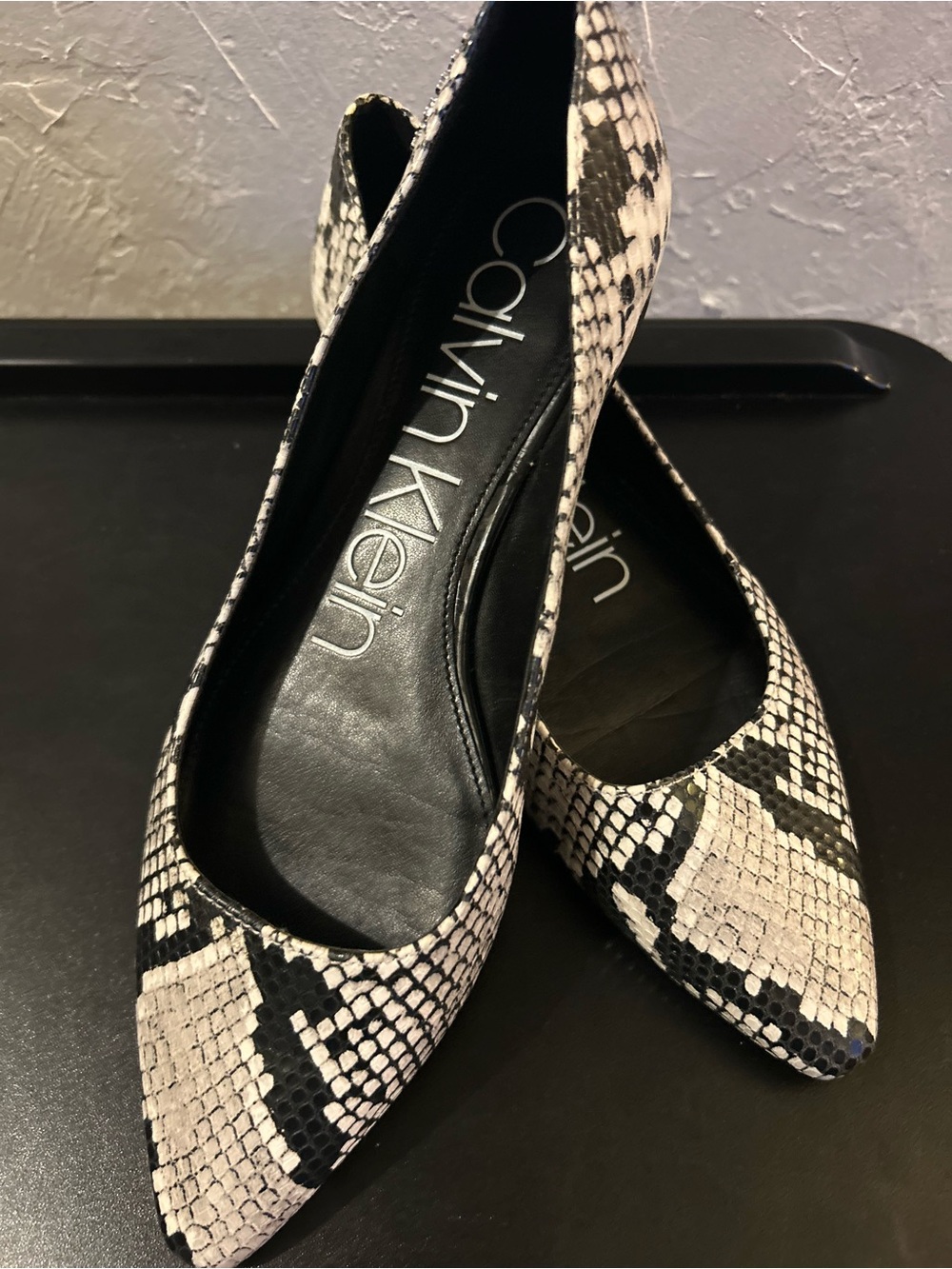 Calvin Klein Women's Snake-Print Pointed Flats in Black & Cream